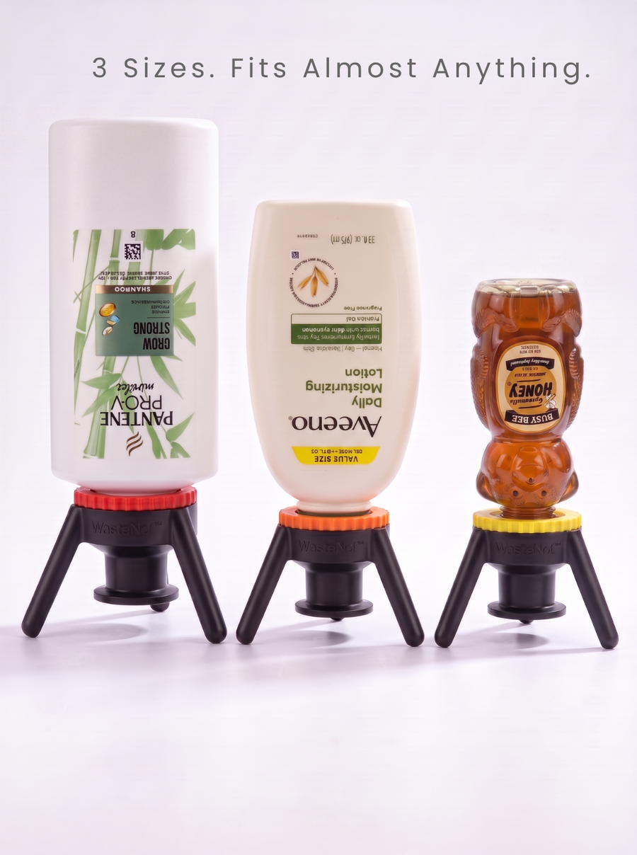 Objection-handler (FIT): the 3 caps shown fitting the bottles people actually own — shampoo, body lotion, ketchup