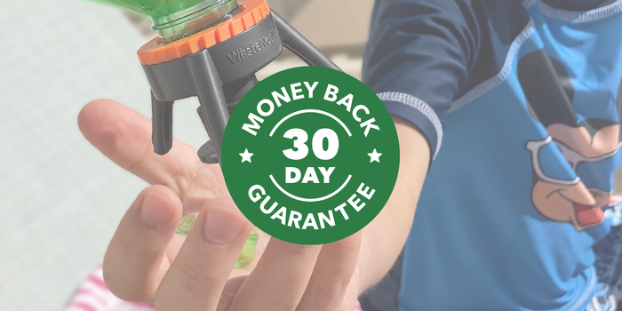 30-day money-back guarantee badge over a warm home shelf of bottles neatly stored on WasteNot caps