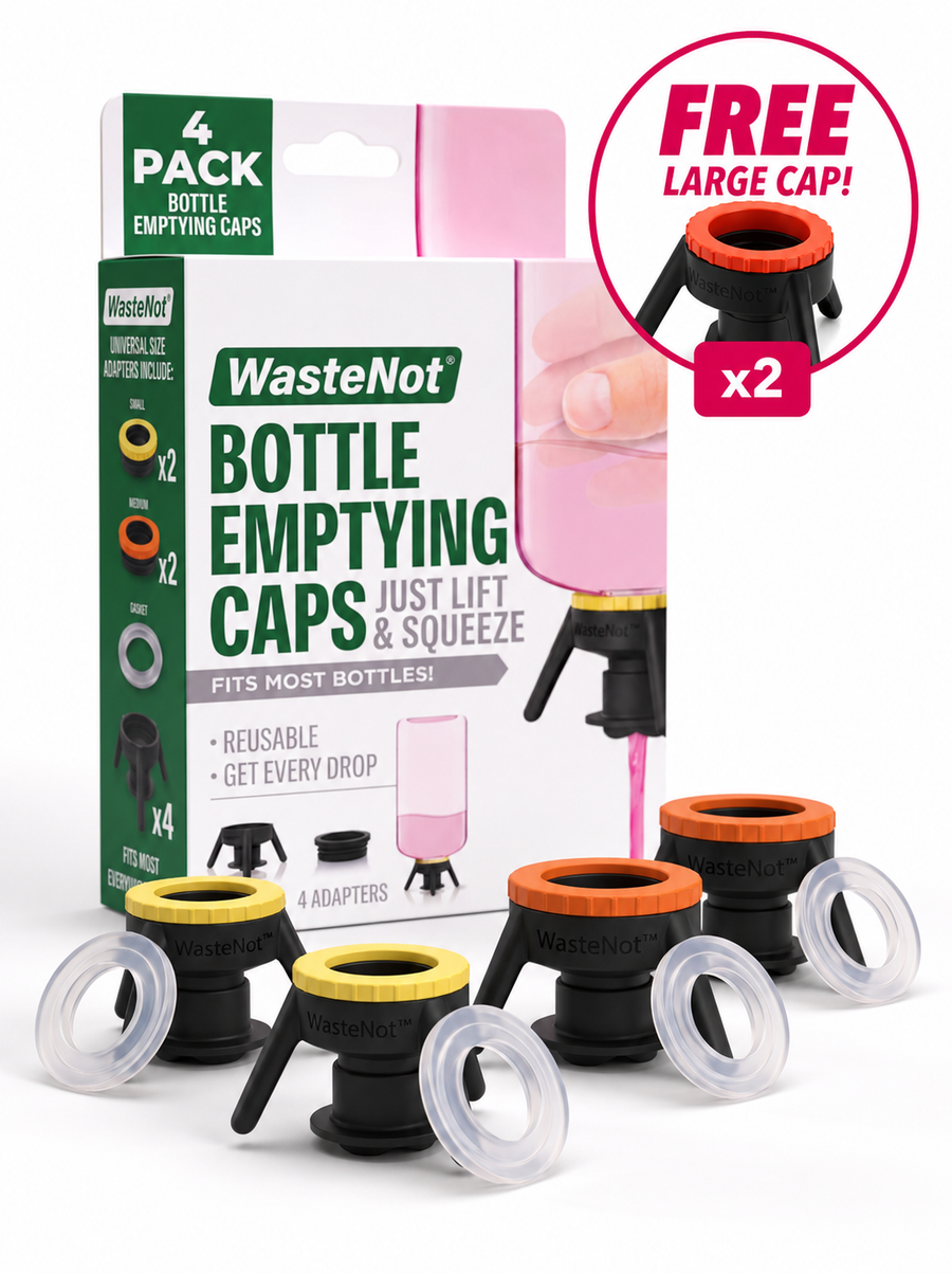 Hero shot: the WasteNot Cap 3-pack (small, medium, large caps + inserts) on a clean cream background — clear what it is