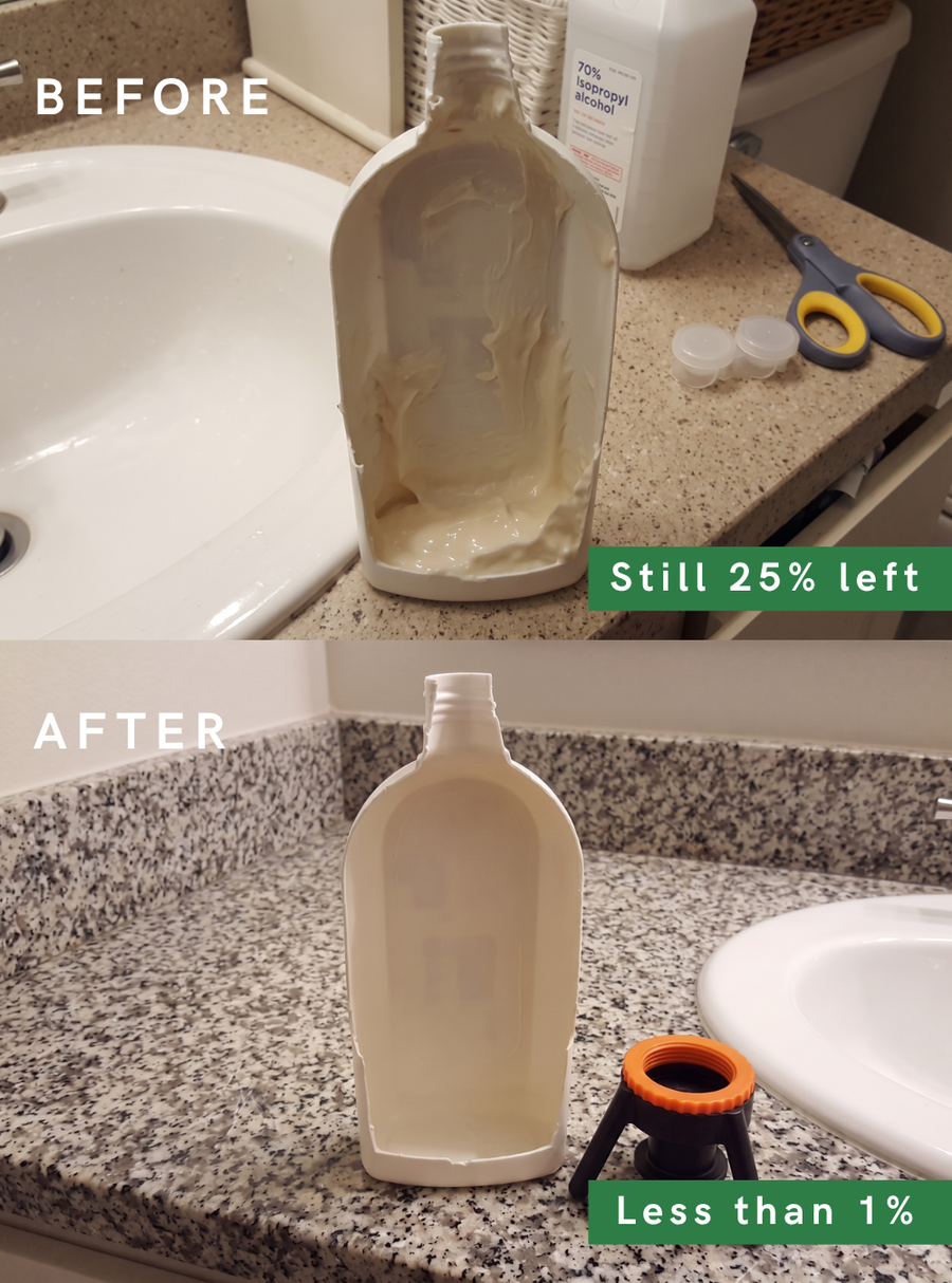 AGGRESSIVE before/after: a pump bottle with ~26% of lotion still clinging to the walls, beside the same bottle drained completely empty