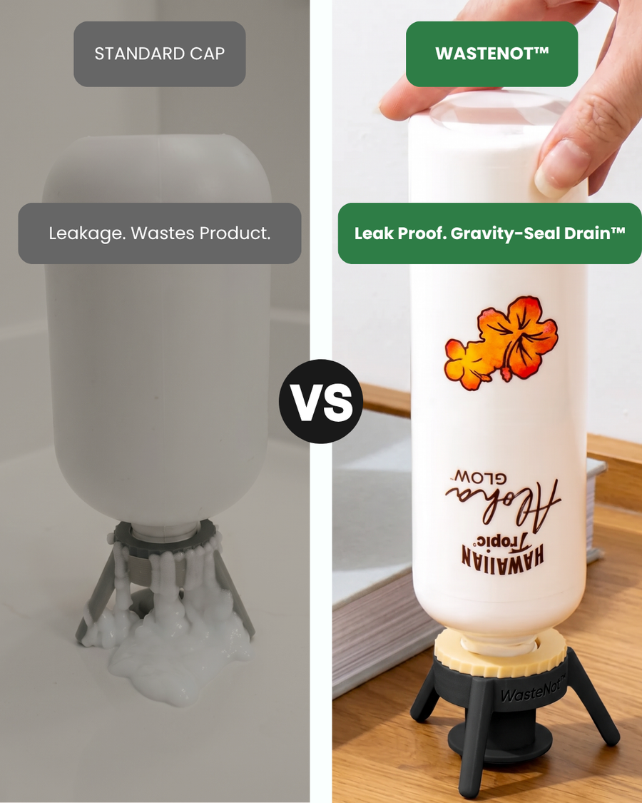 Us vs them: WasteNot's 3 complete leak-proof caps beside a competitor's pile of 36 loose mismatched pieces